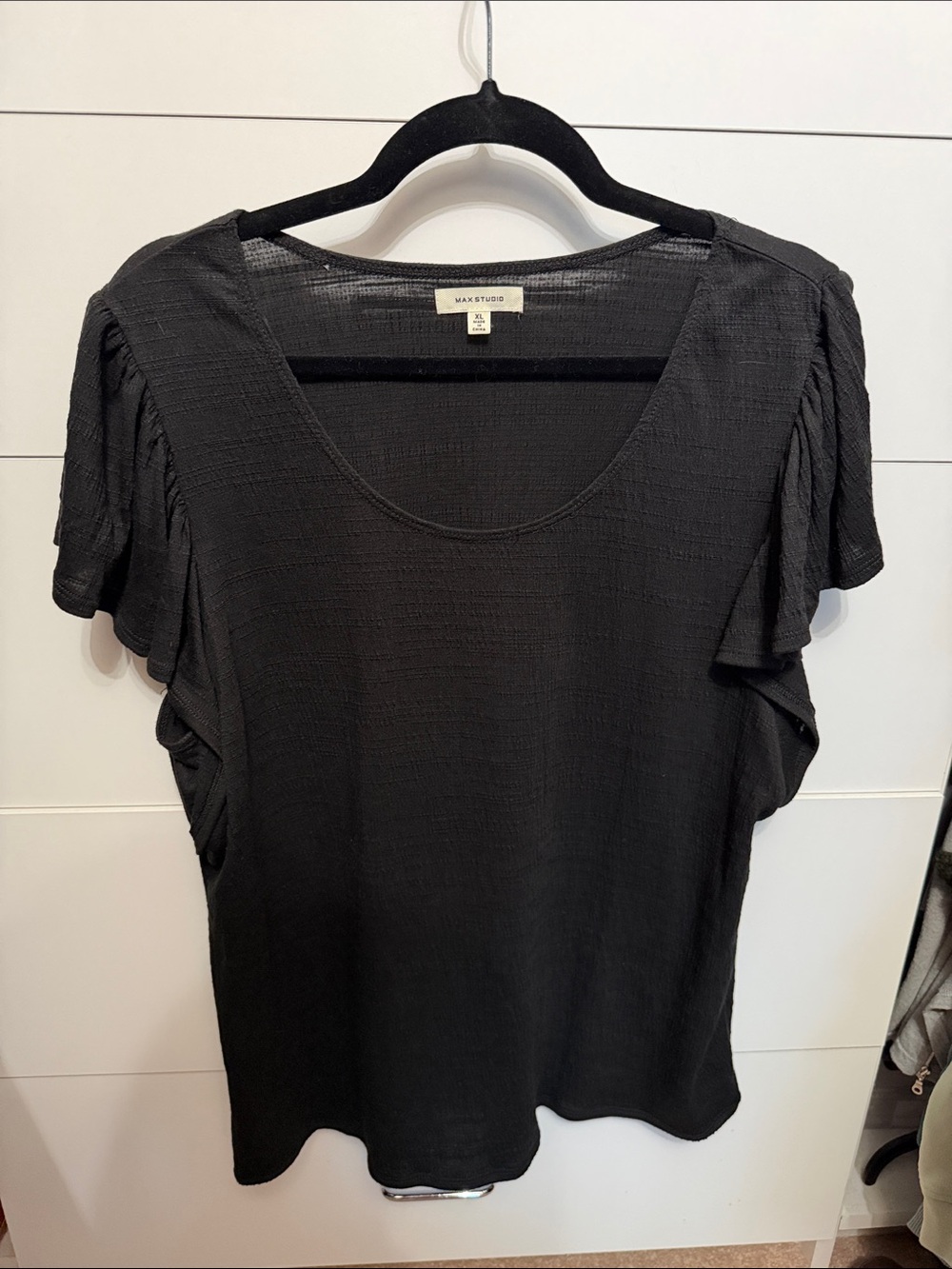 Max Studio Black Scoop Neck Ruffle Sleeve Top